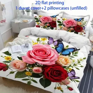 3-piece butterfly rose print duvet set (1 * duvet cover+2 * pillowcase, no duvet, polyester fiber material) Soft Bedding Sets Decorative Bedding Set Printed Bedding Set