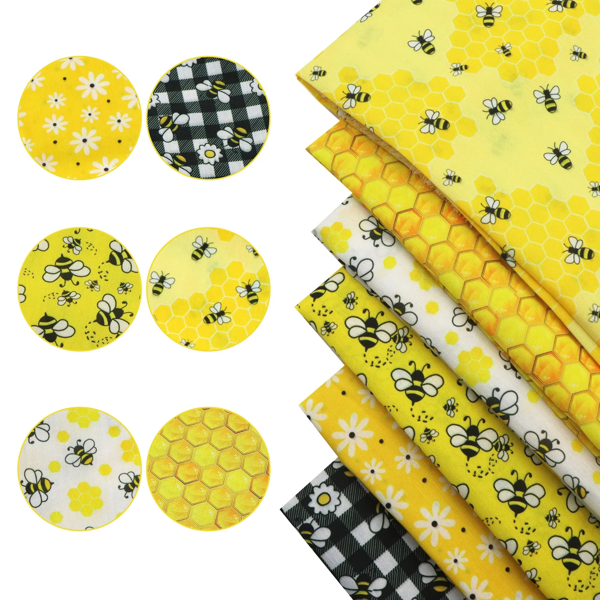 100% Polyester Quilting Fabric Assorted Bundles 6pcs Fat Quarters 7.8”x7.8”-Bees Flowers Hexagon Spring Pattern- for Beginner Craftsmen, Quilting & Sewing Project, Floral Patchwork Design, Patchwork, Home Textile Decor, Diy Crafts, Gifts Ideas