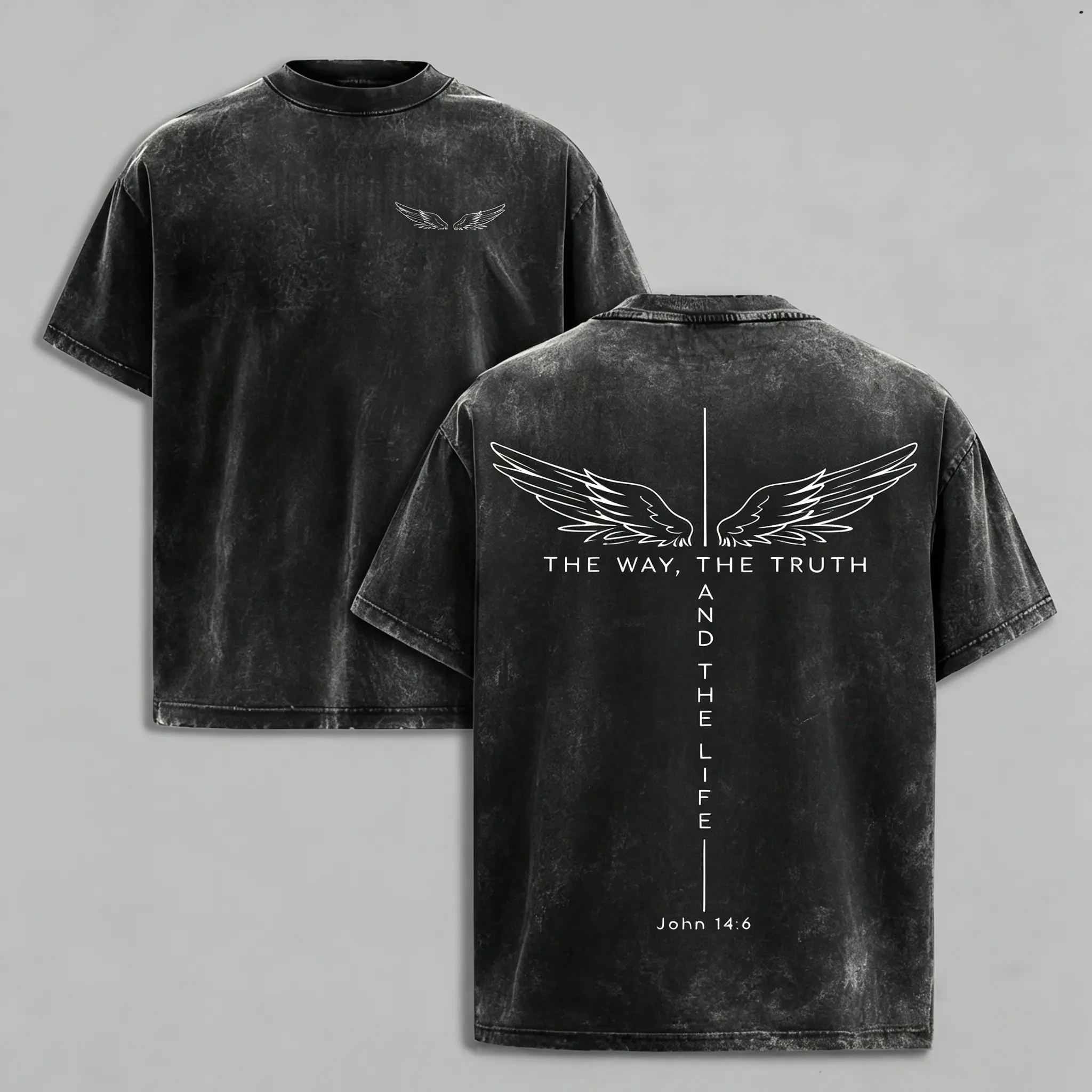 The Way The Truth The Life Christian Washed T-Shirt，Vintage washed black oversized angel wing tee for men, minimalist front small wing print & large back wings with John 14:6 scripture quote “The Way, The Truth And The Life”.