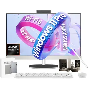 HP 27" All-in-One Touchscreen Desktop PC, AMD Ryzen AI 7 350 (50 NPU Tops), Copilot+ PC, 32/64GB DDR5 RAM, 2/4TB SSD, FHD IPS Micro-Edge Display, Windows 11 Pro, Wi-Fi 6, Wireless KB & Mouse