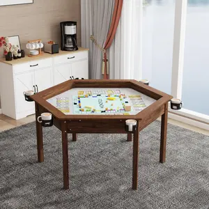 Solid Wood Board Game Table with Removable Top 4-6 Players, Dining & Gaming Table with Play Mat and Rotating Cup Holders, Game Tables for Adults Card DND Poker (Hexagon)