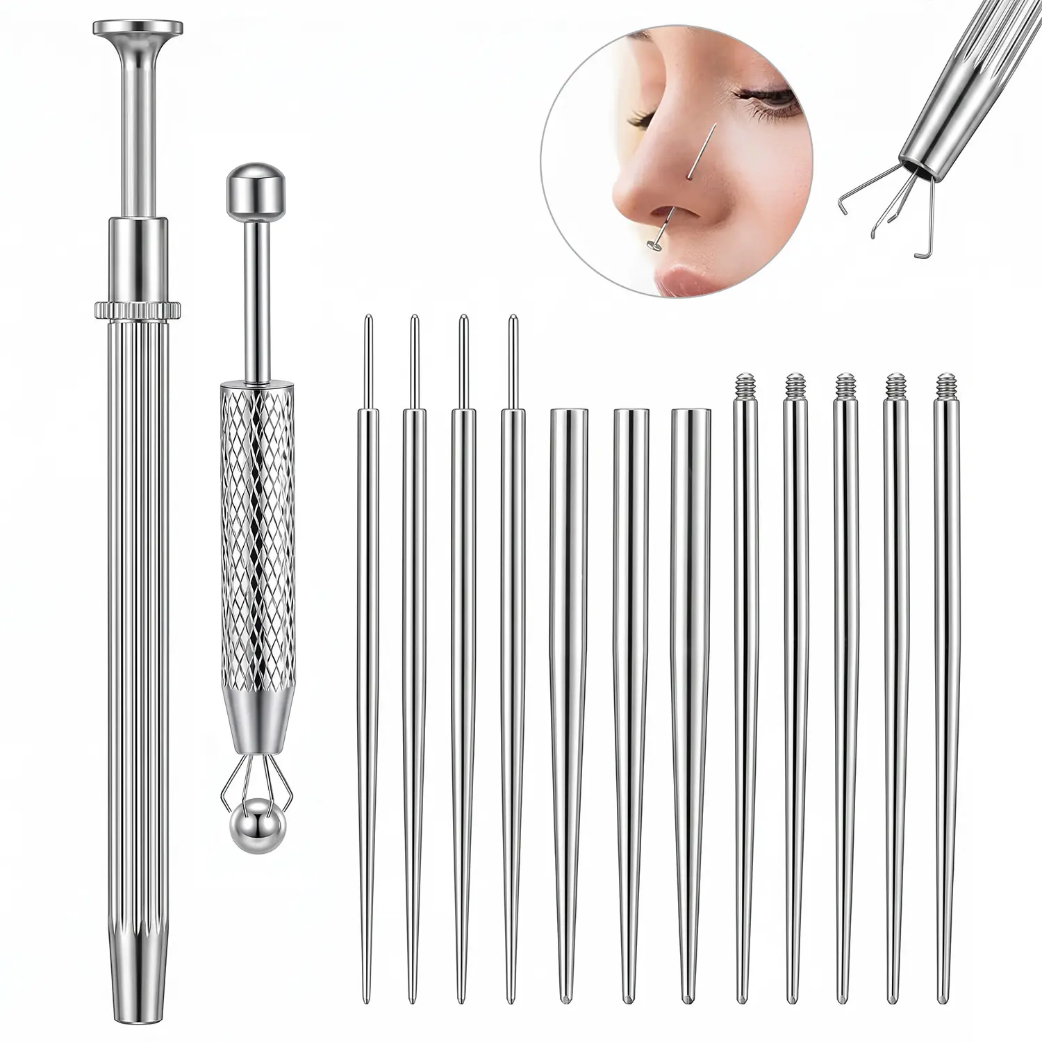 Piercing Jewelry Changer Kit with Ball Grabber Tool & 14-20G Insertion Taper, Surgical Steel Threader Pin for Flat Back Earrings, Nose Rings, Lip Studs, Rook & Conch Jewelry