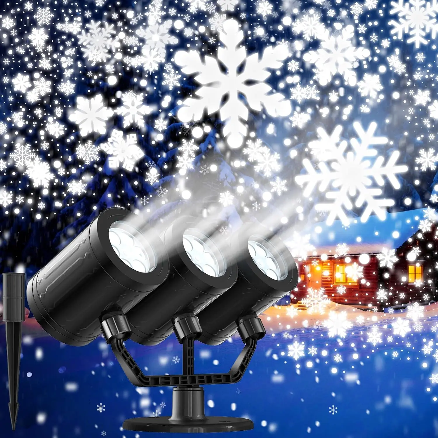 Snowflake Christmas Projector Lights Outdoor 2025 Upgraded Triple Head Snowfall Projector with Timer Waterproof LED for Holiday Decoration