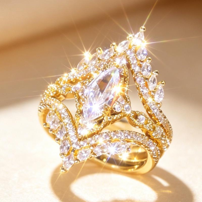 Women’s 2 Piece Marquise Crown Ring Set, Vintage Hollow Openwork Statement Ring with Stackable Band, Multi Stone Paved Ring for Party Wedding, Valentine Christmas Anniversary Gift