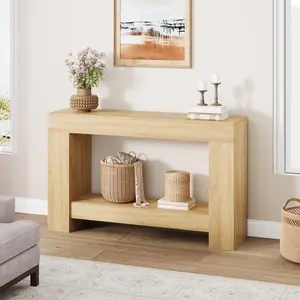 YJ-Garvee Farmhouse Console Table with 2-Tier Shelf, Rustic Wood and Metal Accent Entryway Table for Living Room, Hallway, and Behind Sofa, Sturdy and Easy to Assemble，Wood