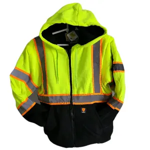 Men's Green High Visibility Reflective WORK SAFETY ZIP UP Hoodie, Front Zipper, Reflective Stripes, Cold Weather Long Sleeve, Pullover Menswear Casual