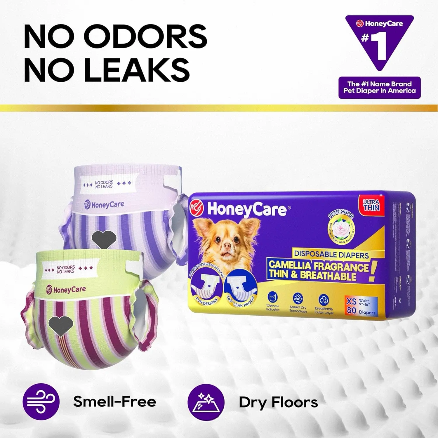 HoneyCare Disposable Petrichor Female Dog Diapers, Camellia Fresh Scent, Leak-Proof Strong Absorb Core, Thin & Breathable, 2 Looks in 1 Pack, 80 Count, Odor Control SummerVibes Pet Supplies for Dog Lovers