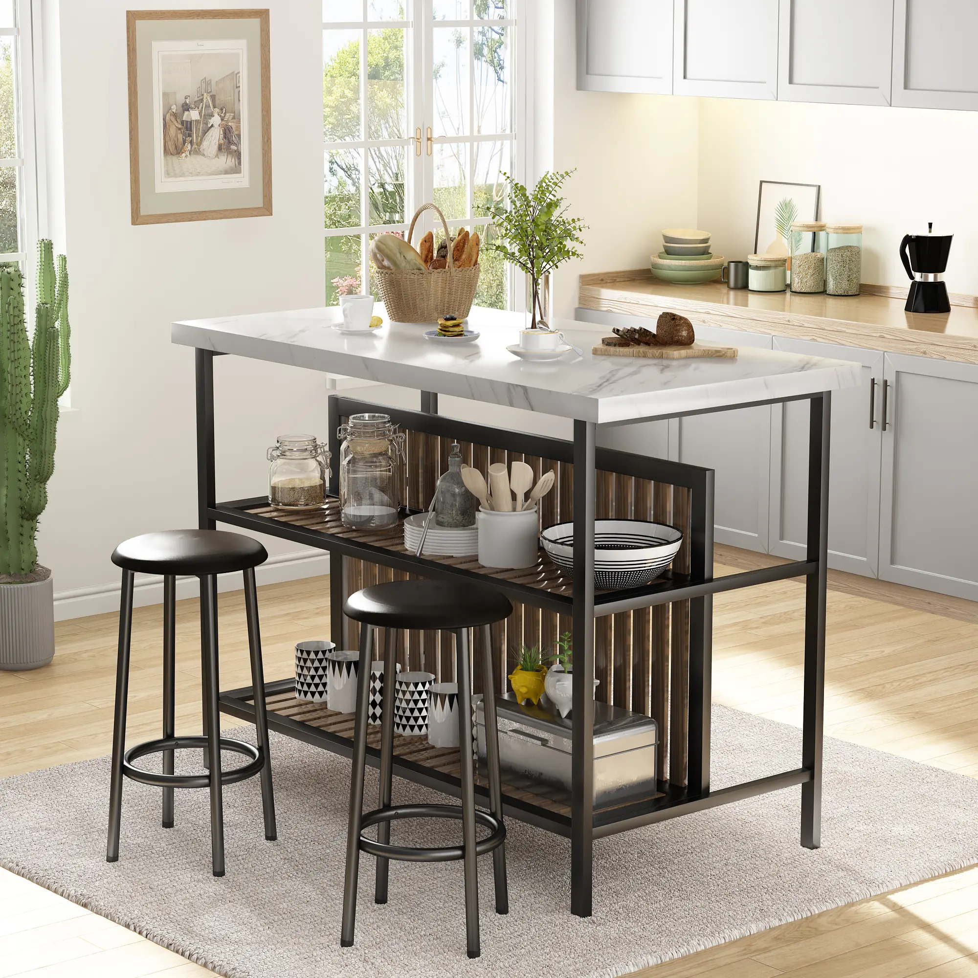AWQM 3-Piece  Faux Marble Bar Table with 2 Chairs:,Kitchen Island Set, Storage Included. Ideal for Dining & Small Spaces tiktokshopbacktoschool