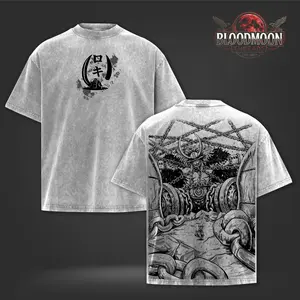 Horned Beast Chain Bound Scene Vintage Washed Oversized Heavyweight Cotton Graphic T-Shirt Double Print Back Print Manga Style Streetwear Unisex