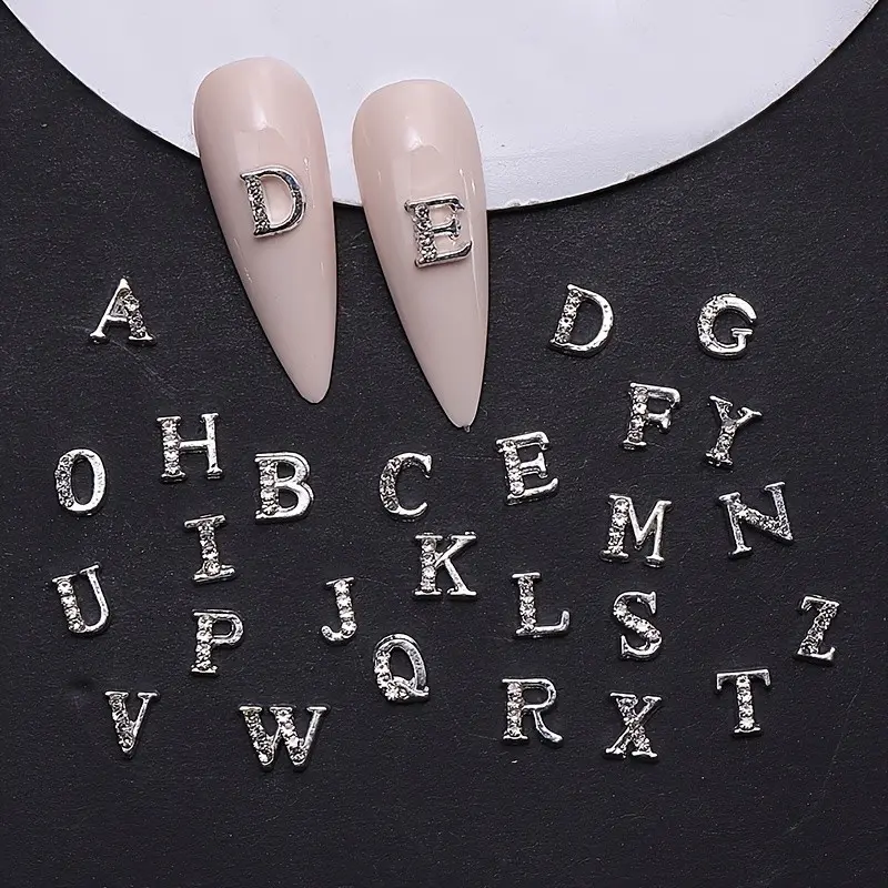 26pcs Silver Alloy Glitter Rhinestones DIY Rhinestone Personalized Letter Nail Art Decorations, Nail Art Supply, Elegant Manicure Accessories for Women & Girls, Rhinestones Kit