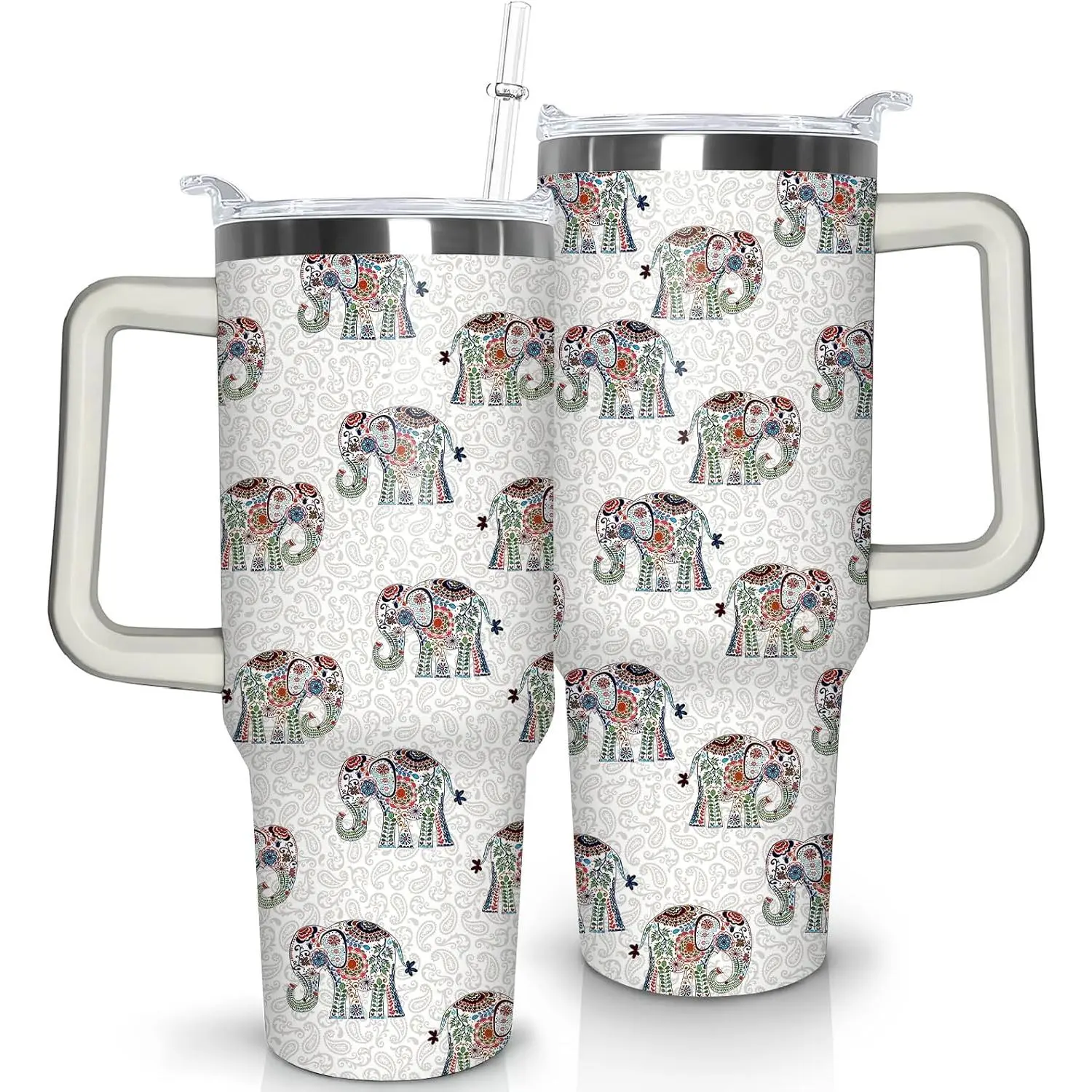 30 oz Elephant Stainless Steel Vacuum Insulated Flask - BPA-Free Leakproof Coffee Flask with Handle, Reusable Straw, Bohemian Floral Cover, Lid, Casual Drinkware, Women's Birthday/Father's Day Gift, Kitchenware Container (Superior Insulation), Portable