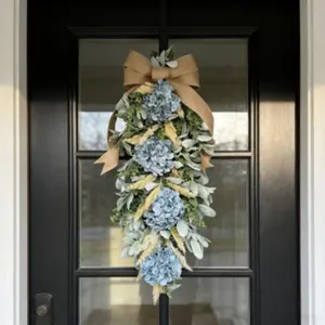 Handmade Soft Blue Hydrangea Wreath, Rustic Farmhouse Style Hanging Decoration, Durable No Maintenance Home Porch Entrance Decor