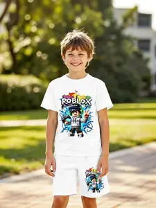 Trendy Roblox 3D Printed Short Sleeve Set for Boys, Perfect Fit Casual, Ideal Gift for Holidays & Birthdays, Outdoor Wear