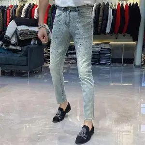 European Style High Skinny Jeans Men's Blue Hot Drilling Elastic Versatile Men's Pantalon Vaqueros Hombre