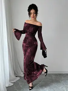 Women's Off-Shoulder Flare Sleeve Tie-Dye Fashion Mesh Print Ruched Mermaid Bodycon Dress, Autumn Wedding Guest Dress, Long Sleeve, Womenswear