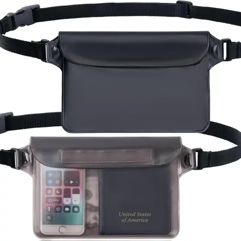 2-Pack Opaque Black Solid PVC Waterproof Waist Dry Bags (8.6x5.9x5.9in), Lightweight Bum Bag with Triple Zipper Seal, Screen-Touch Sensitive, Adjustable 32-46in Strap Fits Most, Durable for Wet Days, Ideal for Snorkeling, Kayaking, Waist Bags