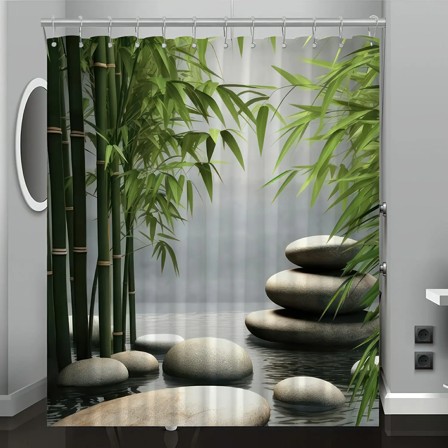 Pebble and bamboo printed shower curtain, Shower essentials, Bathroom accessory, bathroom decoration accessories, made of polyester material, easy to clean, machine washable, available in multiple sizes, comes with shower curtain hooks