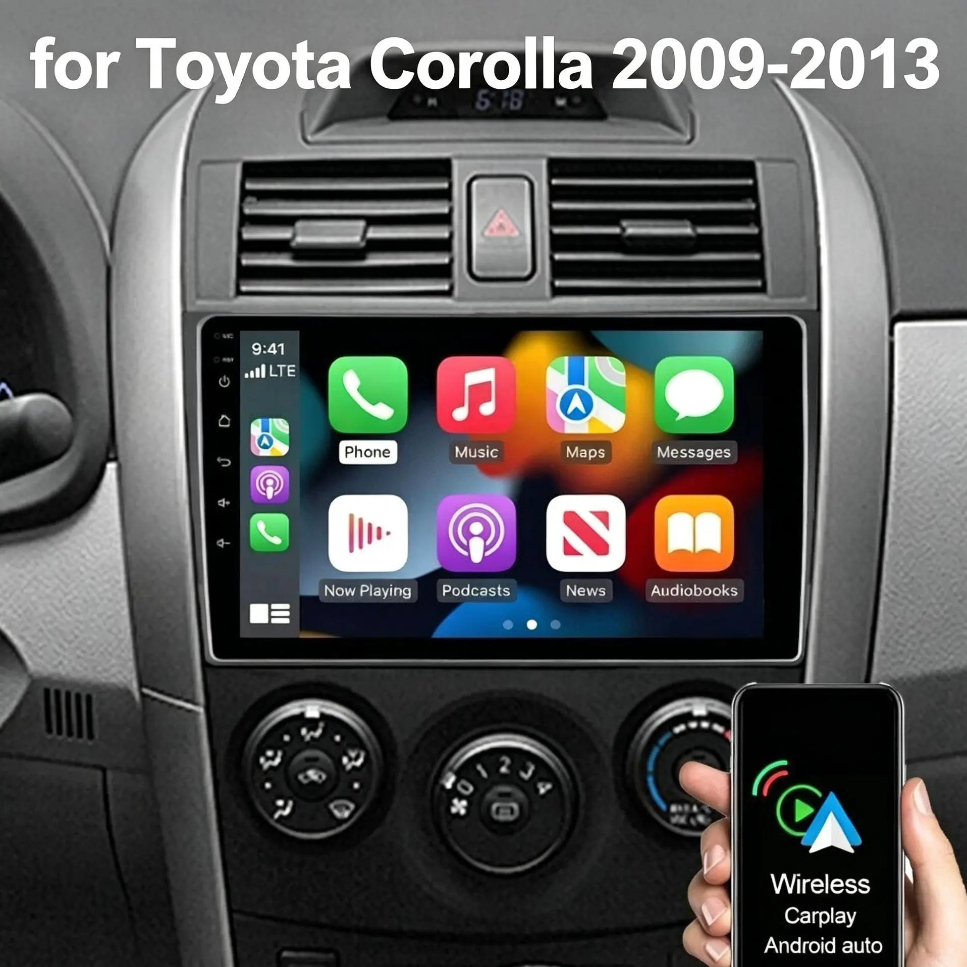 9in Android 13 Car Stereo Radio Dashboard Screen for Toyota Corolla 2009-2013, Built-in CarPlay & Android Auto, GPS Navigation, 5.0 Bluetooth, FM/RDS, WiFi, SWC, Mirror Link, 2G+32G, Car Audio, Surround Sound, YouTube