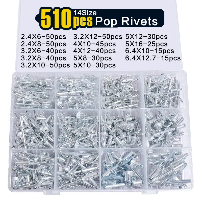510pcs Pop Rivets Assortment Kit G,14 SAE Sizes Aluminum Rivets (3/32" 1/8" 5/32" 3/16" 1/4"), Assorted Blind Rivets