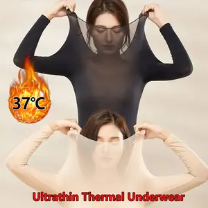 Women's Crew Neck Long Sleeve Ultrathin Modal Thermal Underwear Shirt/Top Thermal Top for Women Base Layer Transparent Tops Ultral-Thin High Elastic Cozy Shirts Warm Underwear Black Nude