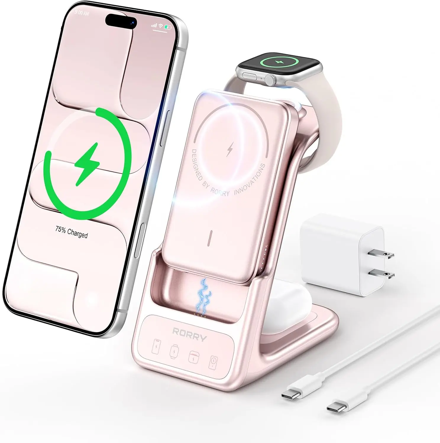 RORRY Aurodock 3-in-1 Magnetic Charging Station with 10000mAh Detachable Power Bank, 30W PD Magsafe Charger for iPhone, Apple Watch, AirPods