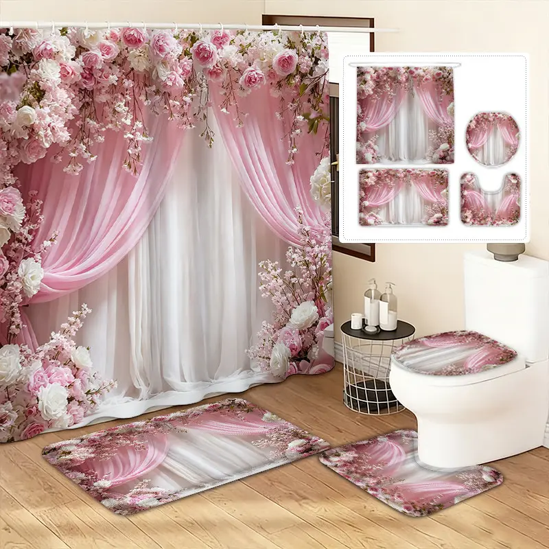 4pcs Floral Pretty Aesthetic Shower Curtain Set, Elegant Cherry Blossom Flower Design, Waterproof with Hooks, Bathroom Decor Kit, Gift Idea