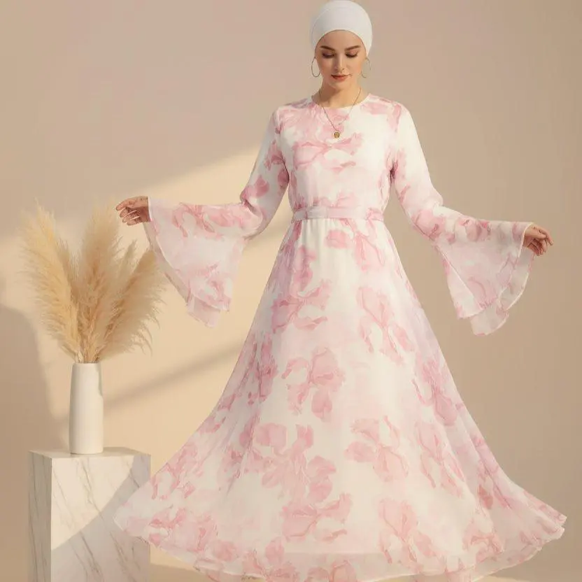 Lightweight Blossom Print Abaya for Women with Flared Long Sleeves, Full Length Loose Fit Vacation Dress, Floral Abaya, Modest Muslim Outfits, Long Sleeve Abaya