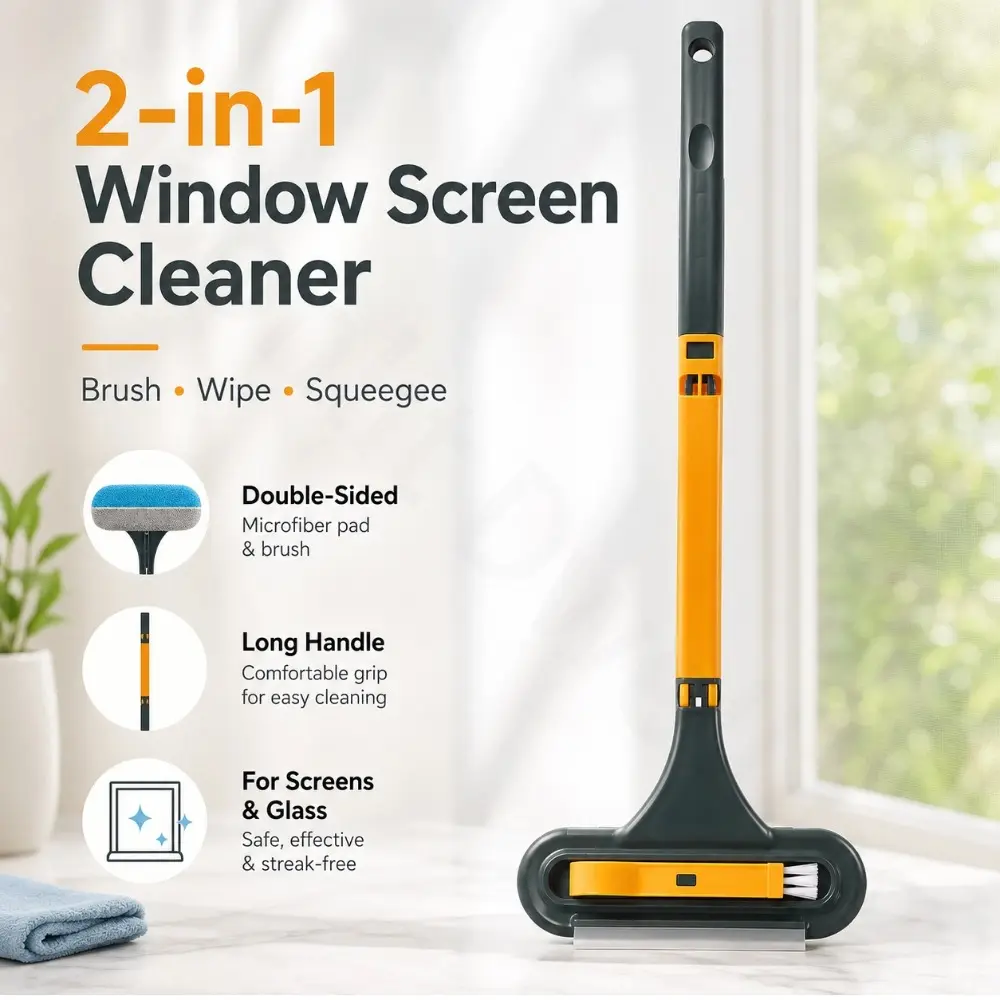 2-in-1 Window Screen Cleaning Brush with Squeegee, 2026 New Multifunctional Window Screen Cleaning Brush Kit, Long Handle Screen Cleaner with Microfiber Pad and Built-In Detail Brush for Windows, Home Clean Tool for Glass Doors, Mirrors and Shower Doors