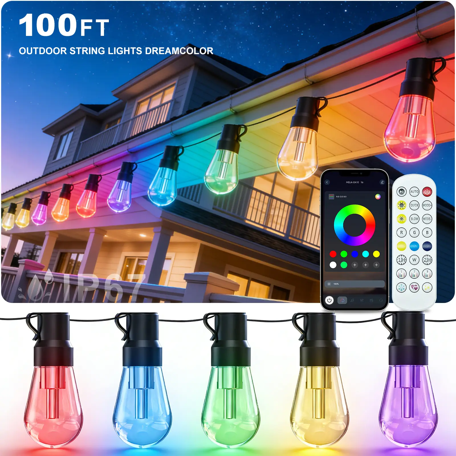 AHRLHR RGB+IC Outdoor LED String Light Bulbs, IP67 Waterproof, Shatterproof, Smart App & Remote Controlled, Color Changing with Music Sync, for Christmas, Wedding, Patio, Backyard (Batteries Not Included) tiktokshopbacktoschool