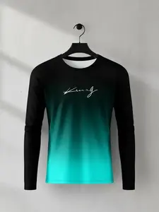 Men's Casual Long Sleeve Fitted T-Shirt, Gradient Color, Polyester Material, Round Neck, Letter Print Design