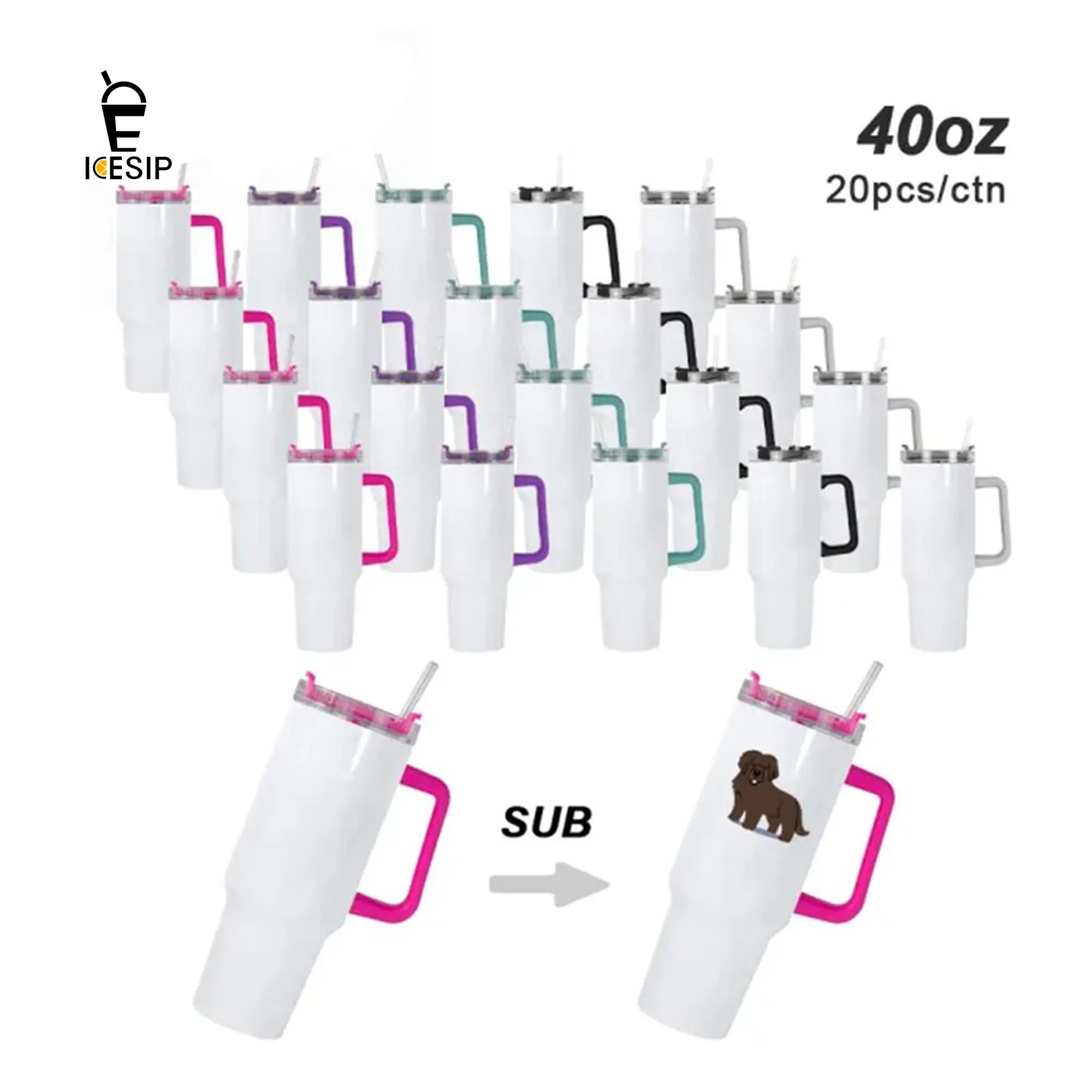 ICESIP 20pcs/ctn 40oz Sublimation Stainless Steel Tumbler - Thermal Cup, Reusable Vacuum Insulated Portable Travel Drinkware, Removable Handle, Lid with Silicone Ring, for Iced Coffee, Birthday Party Gifts for Halloween DIY Gifting