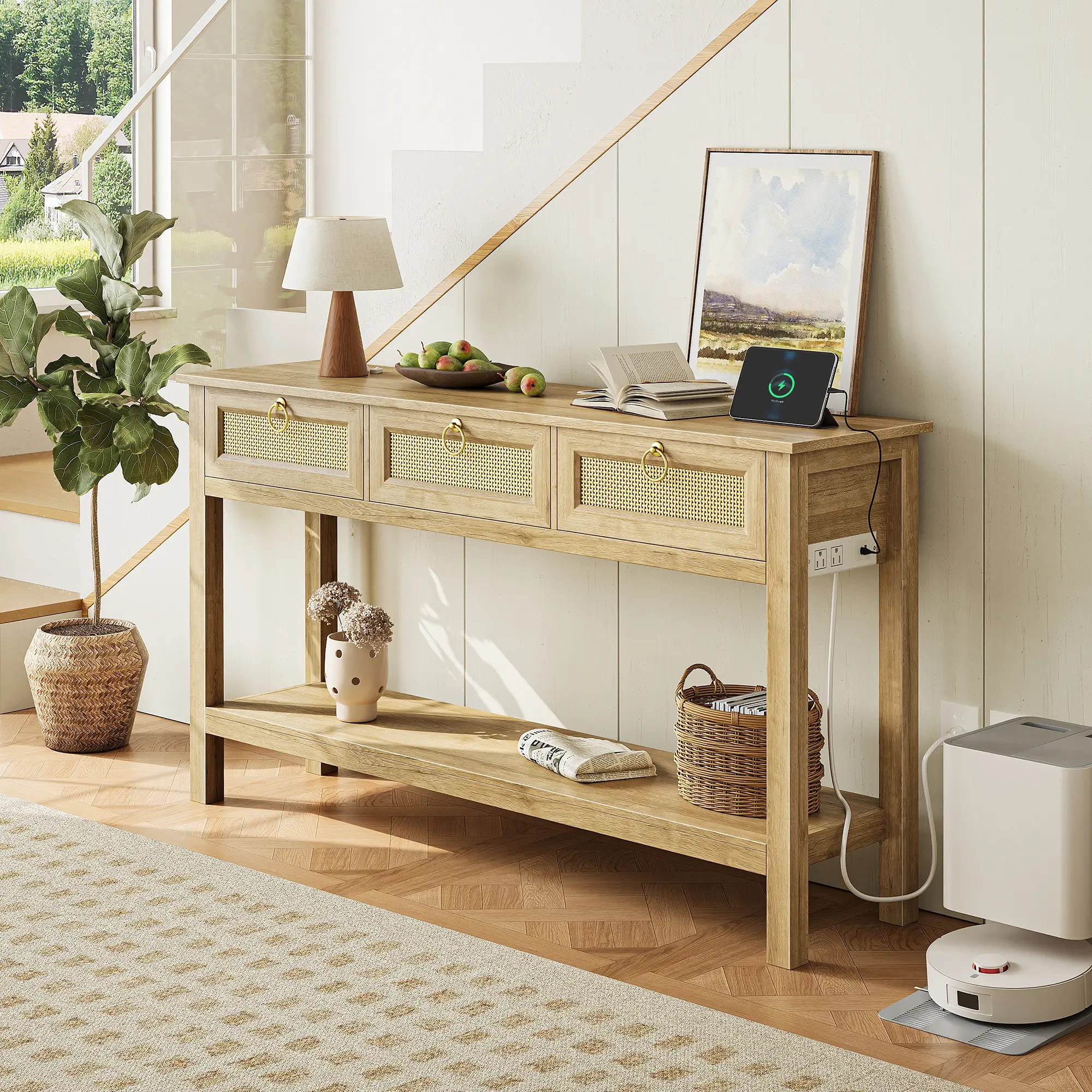 SUPERJARE Boho Modern Rattan Console Table - Boho Entryway Table, 3 Drawers, Synthetic Rattan Surface, Outlets & USB-C Port, Open Shelf, Indoor Apartment Furniture for Foyer, Hallway, Behind Couch Storage, Modern Console Table