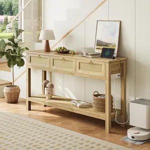 SUPERJARE Rattan Console Sofa Table with Outlets and USB-C Port, 3 Drawer Entryway Table with Synthetic Rattan Surface, Open Shelf, Behind Couch Entry Foyer Hallway Storage
