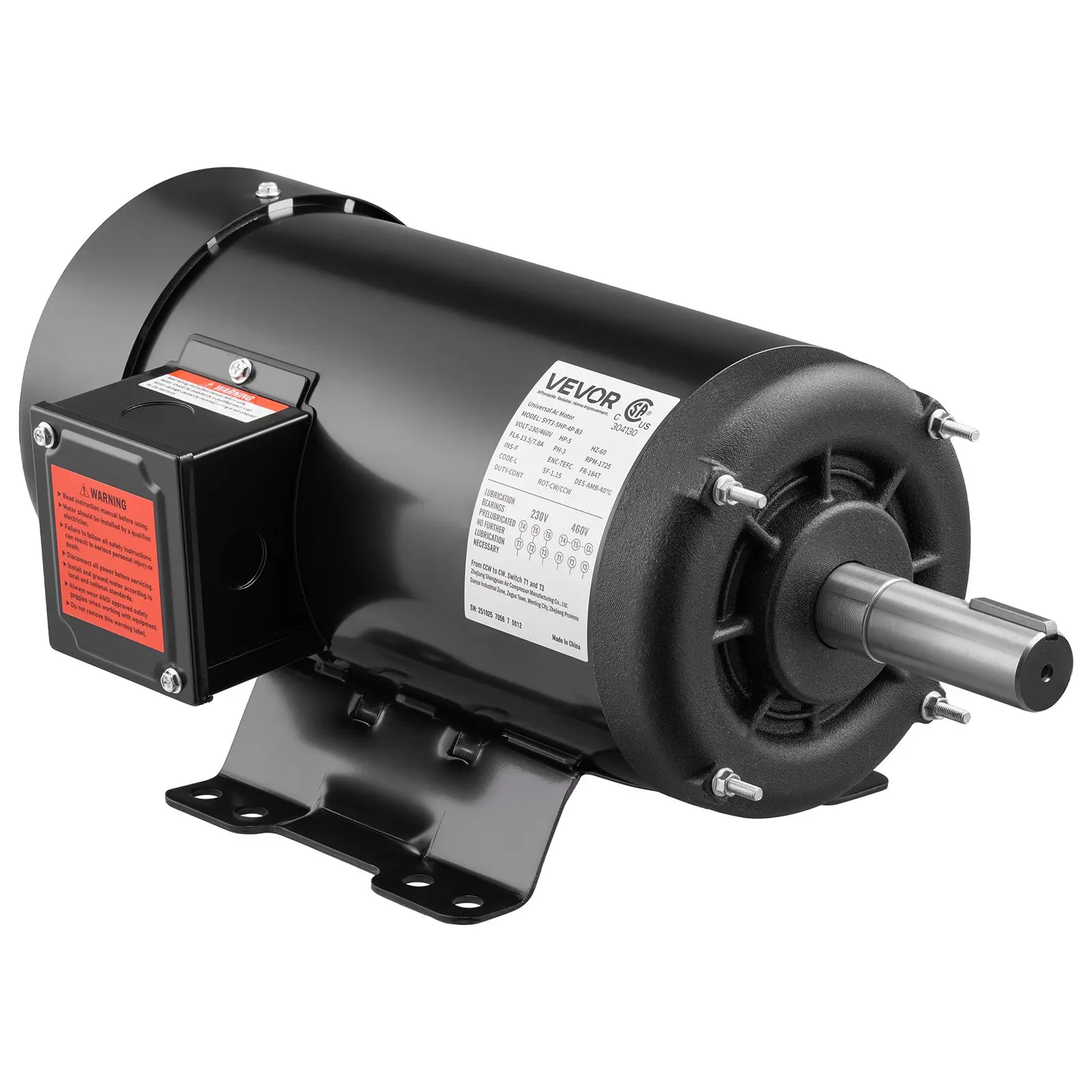 【DealsForYouDays】VEVOR 5 HP Electric Motor, 1725RPM Air Compressor Motor, CW/CCW Rotation, 1.125 inch Shaft Diameter, 2.75inch Shaft Length, 20.7N.m Torque, Three-Phase, TEFC Cooling, 230V/460V, 184T Frame