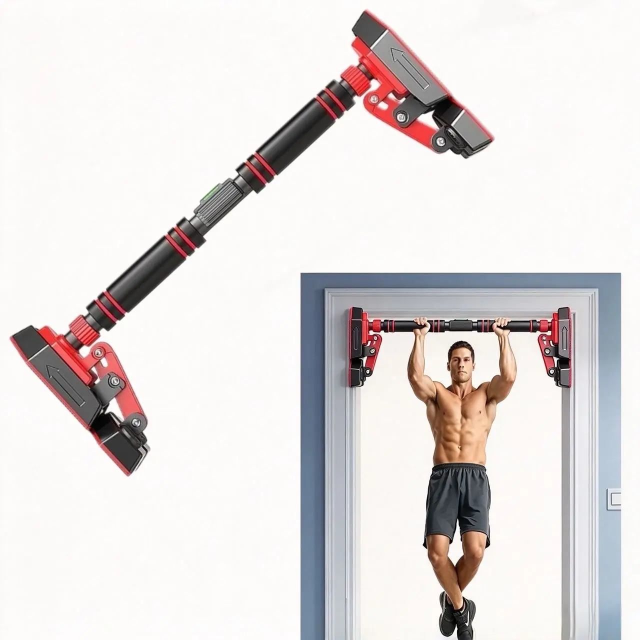 Doorway Pull-Up Bar, No Drill Heavy Duty Adjustable Pull Up Bar, 440 LB Auto-Lock Steel Home Gym with Built-in Level & Triangular Non-Slip Pads