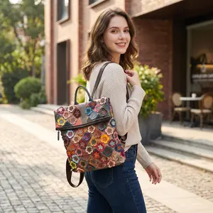 Women's Vintage Patchwork Backpack with 3D Flower Applique and Adjustable Straps
