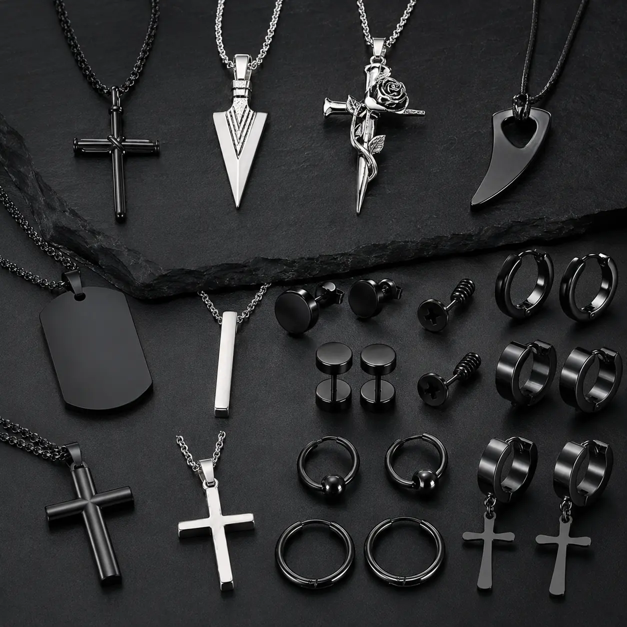24Pcs Jewelry Set for Men Stainless Steel Necklace and Earring, Cross Dog Tag Pendant Necklace Hoop Stud Black Earrings Mens Fashion Jewelry Set