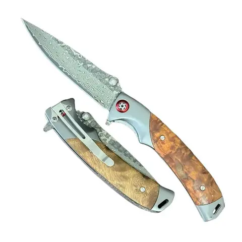 Damascus EDC Pocket Knife XJ-009 - 8.35in Durable Damascus Steel Blade, Wood Handle, Ball Bearing Assisted Opening, Pocket Clip, Compact Multi-Tool, Survival Gear, Camping Supplies, Bushcrafting Work Gear, Compact & Reliable Adults' Outdoor Item