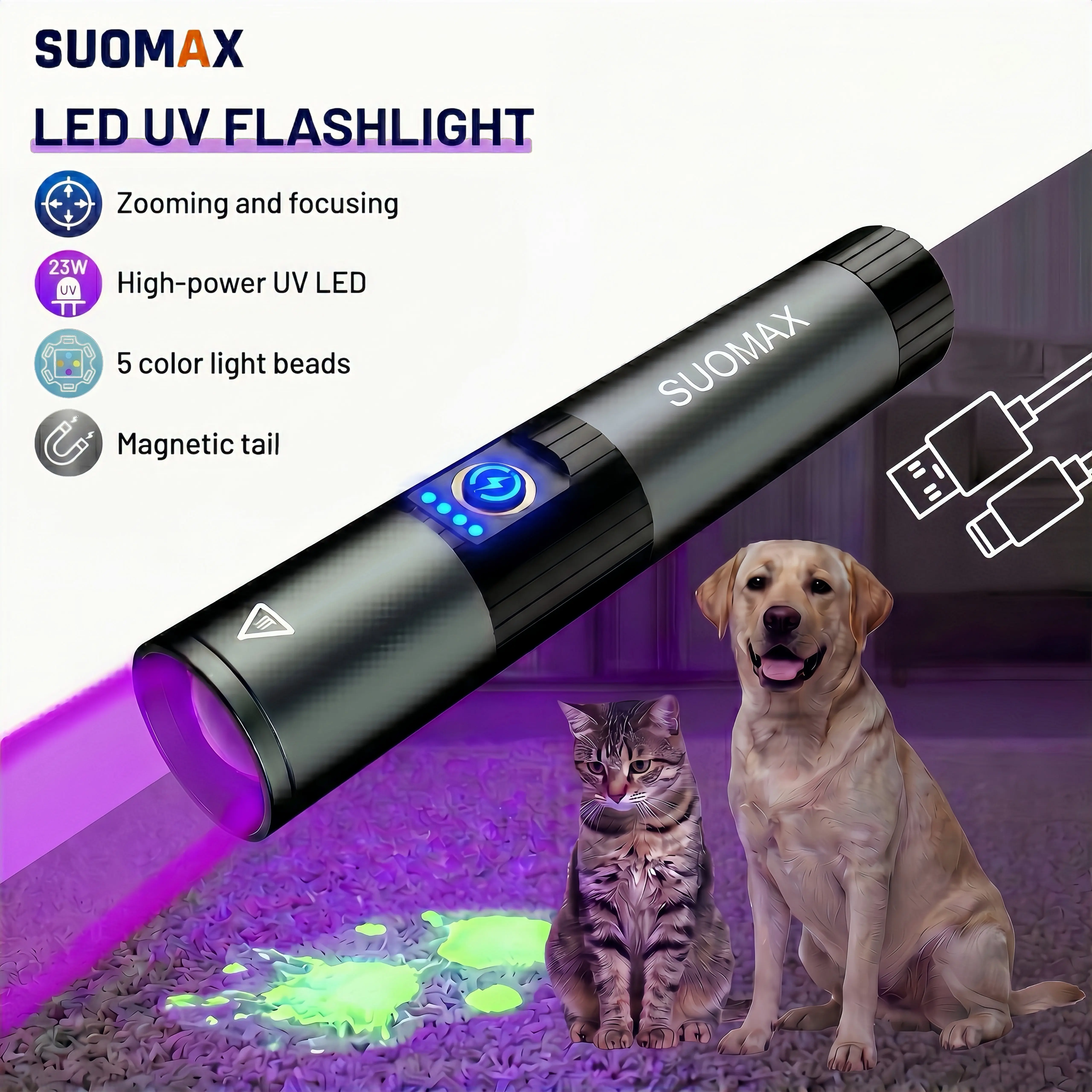 SUOMAX UV Flashlight- 32w Strong LED Flashlight Wight Light& 395nm High Power UV Light,UV/RED/YELLOW/BLUE/WIGHT BEAM,Five color flashlight,USB-C Rechargeable Pocket Torch Light,IPX4 Waterproof,For night work,Camping