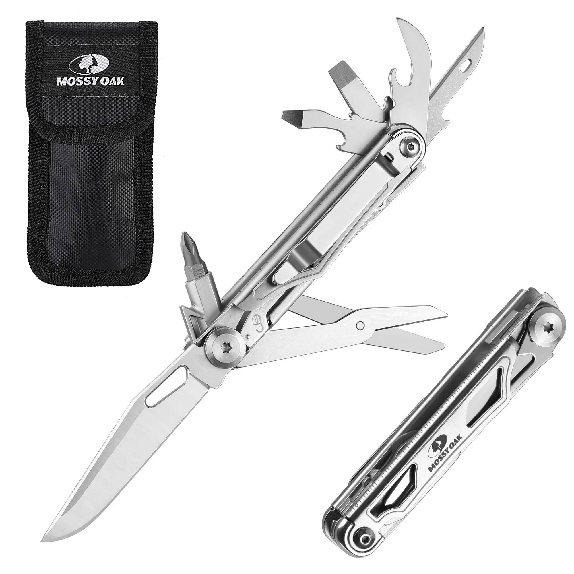 #fathersdaygift Mossy Oak 12-in-1 Multitool Pocket Knife with Pouch, Stainless Steel Multitool Knife with Clip, Survival Tools with Scissors, Bottle Opener, Wire Stripper, Glass Breaker, Screwdriv
