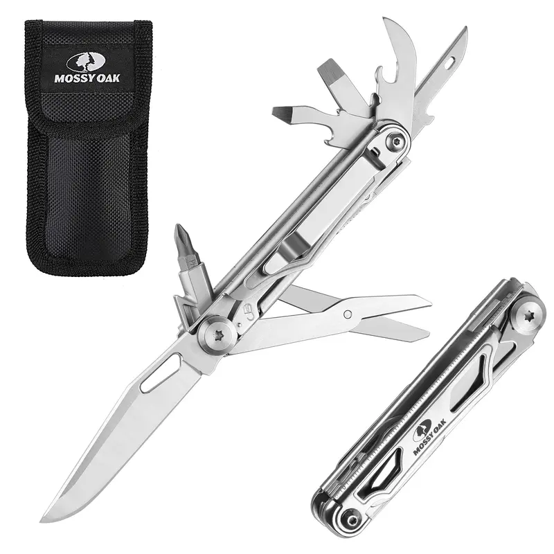 #blackfriday Mossy Oak 12-in-1 Multitool Pocket Knife with Pouch, Stainless Steel Multitool Knife with Clip, Survival Tools with Scissors, Bottle Opener, Wire Stripper, Glass Breaker, Screwdriv