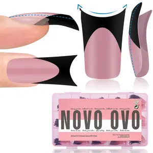 NOVO OVO Halloween Black French Tip Duck Feet Nail Tips Full Cover for Press on Acrylic with Moon Curve, Thick Medim Long Pre-Etched Matter Flare Wide Soft Gel Fake False Nail Extension x 15 Sizes 150 pcs【NO GLUE ,TOP COATAND LAMP INCLUDED】