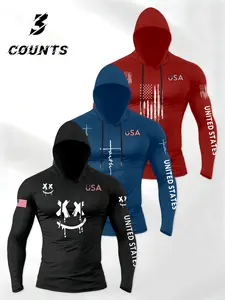 Men's 3-Piece Spring Fall Casual Fashion Activewear Long Sleeve Usa Print Hooded T-Shirt Set, Fashionable Comfortable Sportswear Workout Casual Wear for Daily Wear, Gym Athletic Clothes, Sports Clothing Set