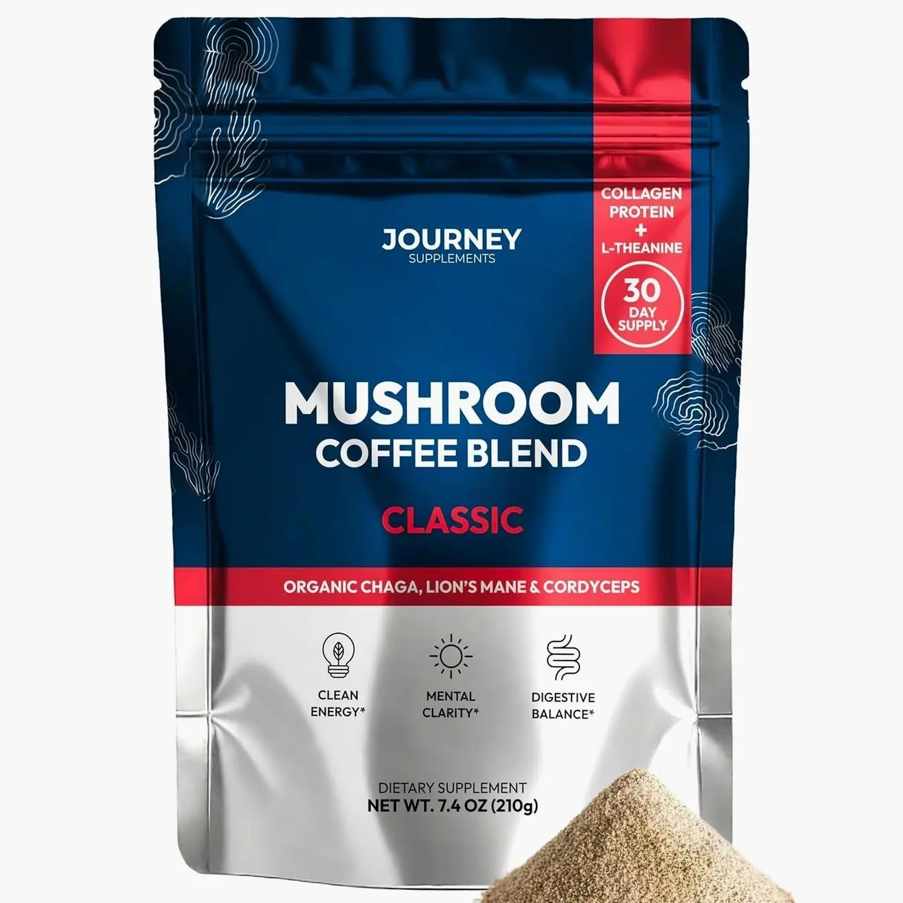Mushroom Coffee with Collagen - Classic Blend – Adaptogenic Instant Coffee for Energy, Focus, & Mental Clarity – Enhanced with Lion’s Mane, Chaga, Cordyceps & L-Theanine (30 Servings)