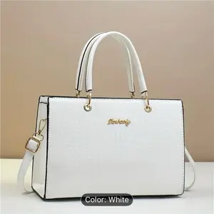 Women's White Color Fashion Handbag with Elegant Design Crocodile Texture & Gold Accents