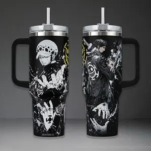 Trafalgar Law Surgeon of Death 40oz Insulated Tumbler with Handle, Heart Pirates Jolly Roger One Piece Travel Mug, Ope Ope no Mi Double Printed Vacuum Flask, Anime Fan Collectible Gift, Heavy Duty Stainless Steel Cup with Straw