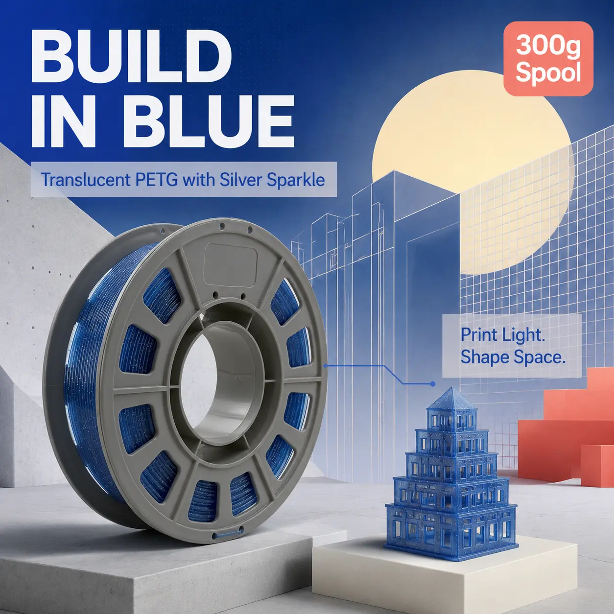 Translucent Blue Silver Glitter PETG Filament 1.75mm 300g Spool, Sparkling Clear Blue 3D Printer Material, Easy Print No Clog, Perfect for Lamp Shade Jewelry Decor DIY 3D Printing Projects