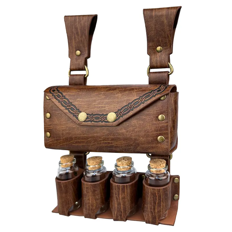 HiiFeuer Unisex Medieval Faux Leather Belt Bag - Fanny Packs, Waist Bags, Dump Pouch for Belt, Versatile Buckle-Closure Accessory with 4 Potion Vials, Geometric Fantasy Look, Retro Ren Faire Party Side Pack