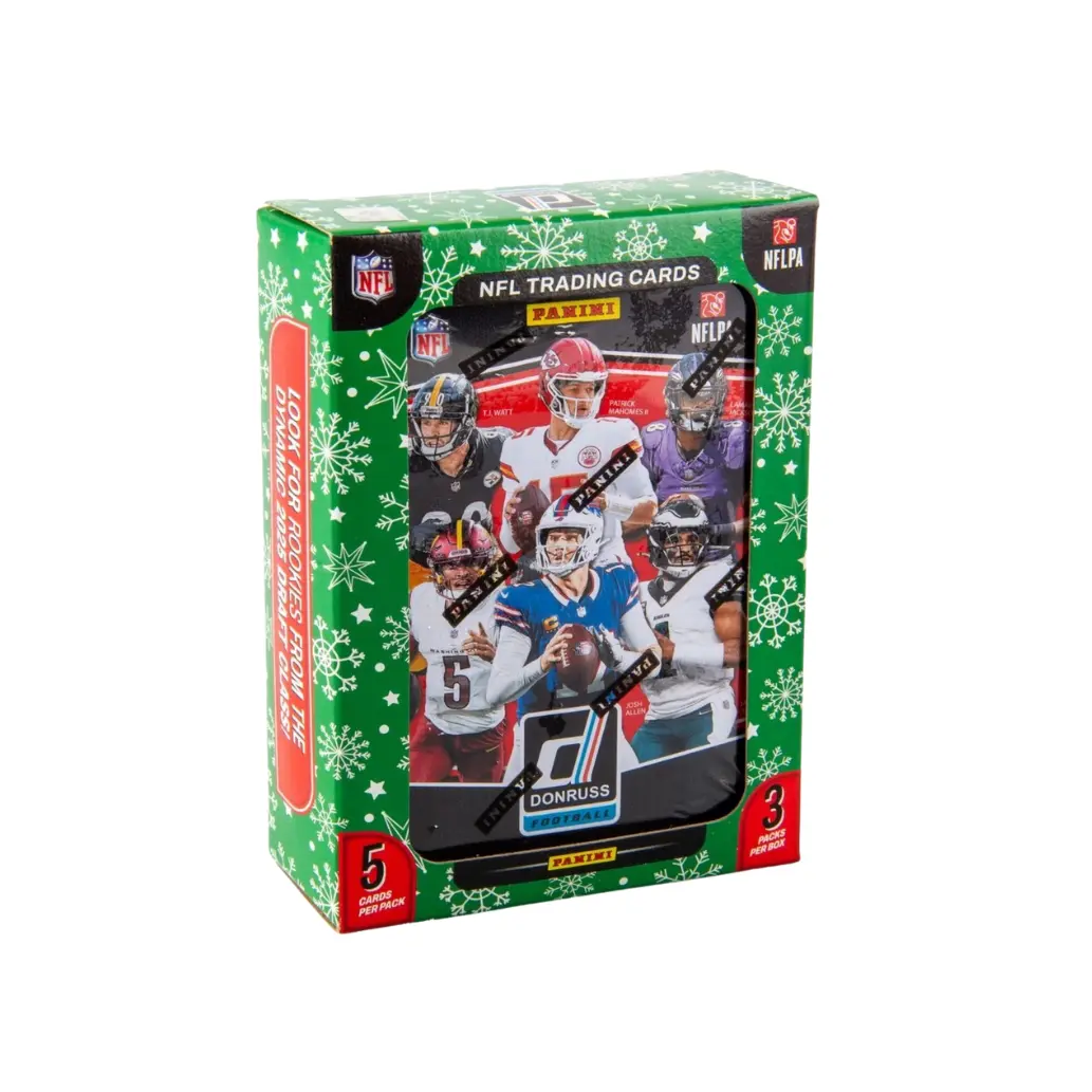 2025 Panini Donruss Holiday Collectible Sports Card Tin - 3 Packs, 5 Per Pack, Football Trading Cards Personal Rip-and-Ship Box, Collectible Sports Cards