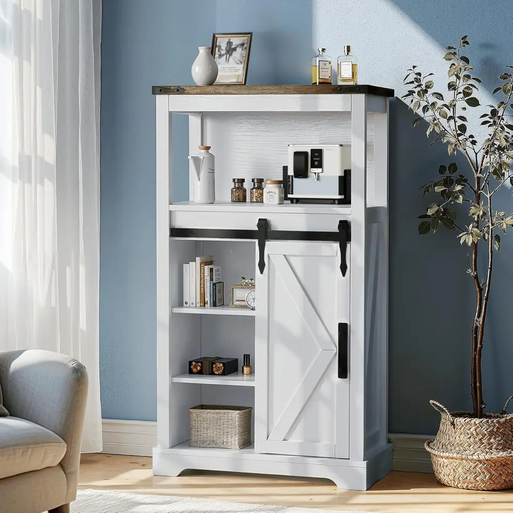 Farmhouse Storage Cabinet, White Small Hutch with Door, Freestanding Kitchen Pantry Cabinet, for Bathroom/Laundry/Living Room/Coffee Bar - 24" W x 42" H